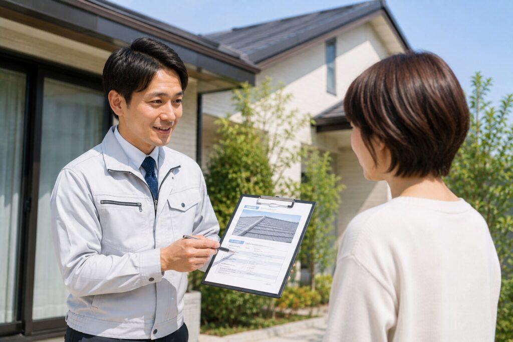 お客様に説明する塗装職人