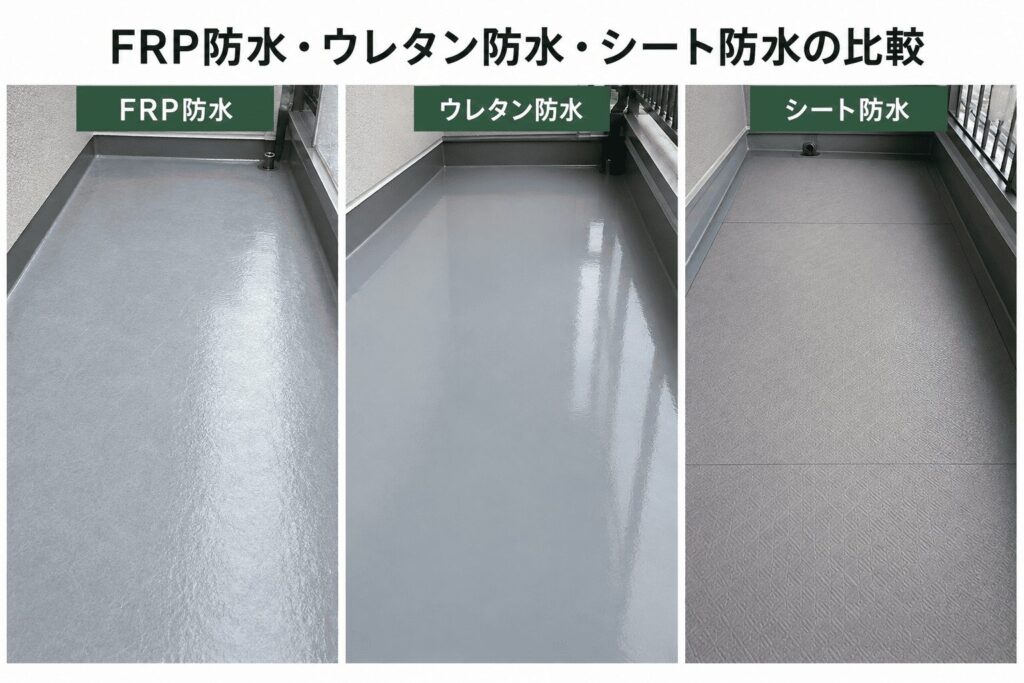 FRP防水・ウレタン防水・シート防水の床面の質感がわかる比較写真