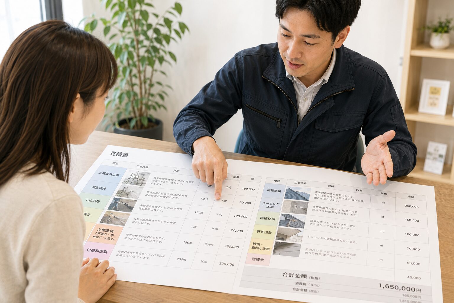 見積もりの内訳を職人が説明している様子