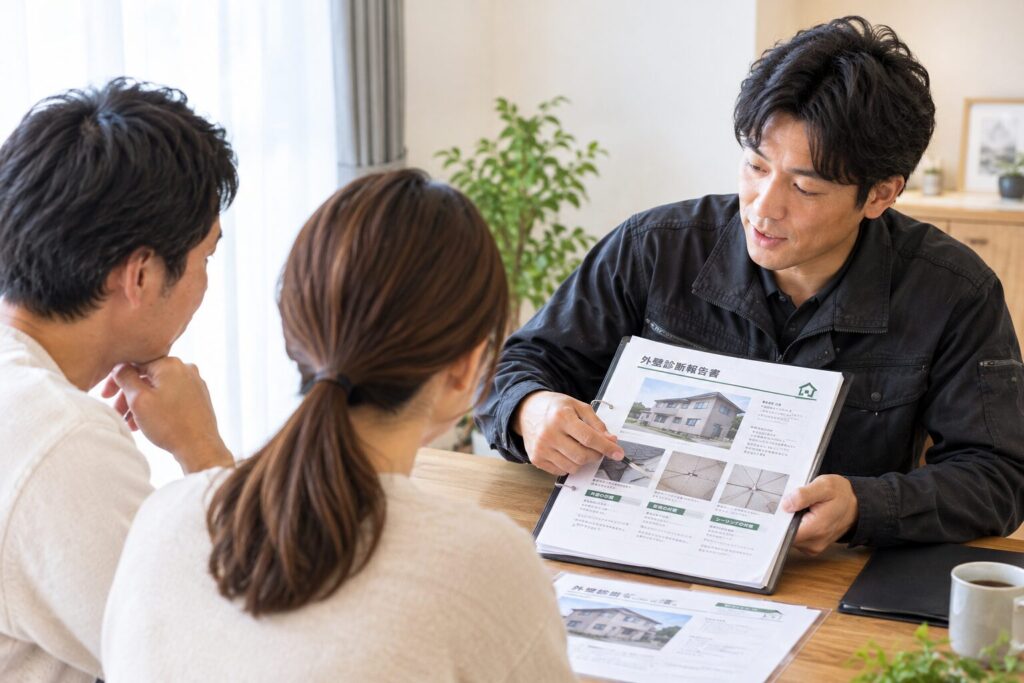 お客様に建物診断の結果を説明している職人