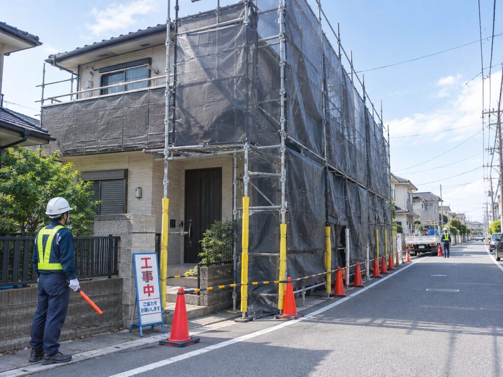 足場が道路にはみ出す現場